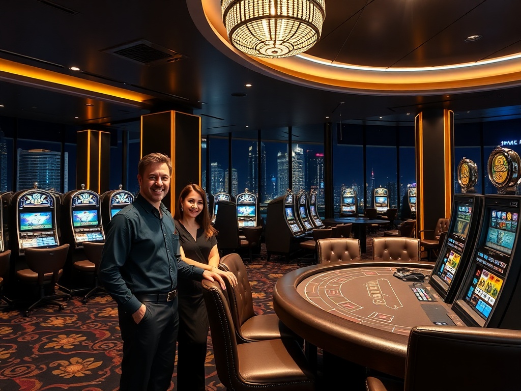A glamorous Australian casino-luxury lounge at night, elegant lighting, smiling staff near card table and slot machines, plush VIP seating, luxury skyline reflections.