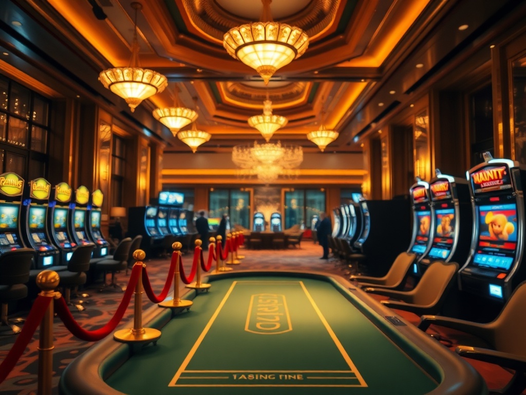 "Opulent casino-hotel hero scene with warm golden lighting, velvet ropes, high-stakes poker table glow, sleek slot machines as softly blurred bokeh, VIP lounge silhouettes, luxury suite windows, elegant ambience, cinematic depth"