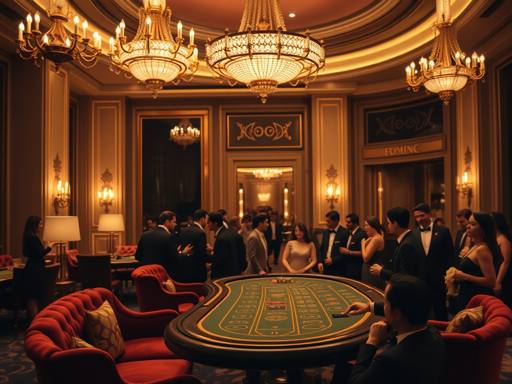 "luxury casino hotel interior at night, opulent chandeliers, velvet sofas, gleaming high-stakes blackjack table, elegant crowd in formal wear, warm golden lighting, VIP suite doorway, cinematic depth of field"
