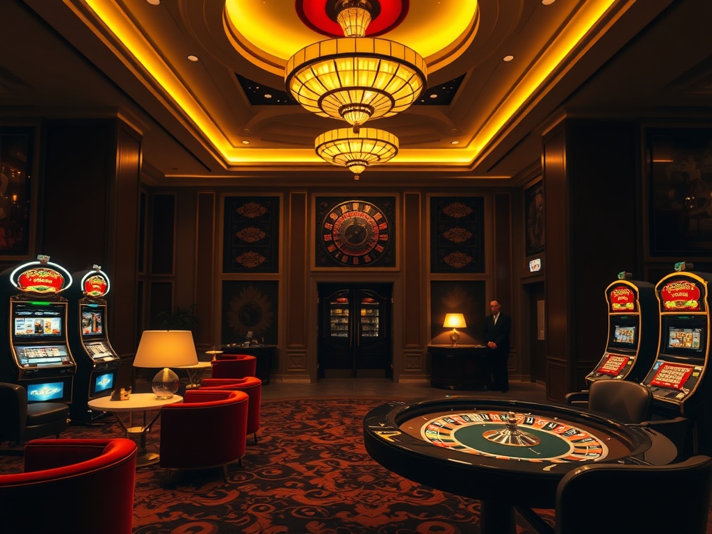 Luxurious casino-hotel lobby at night, warm gold lighting, velvet lounges, high-roller roulette table and slot machines glowing, elegant suites visible, concierge silhouette.