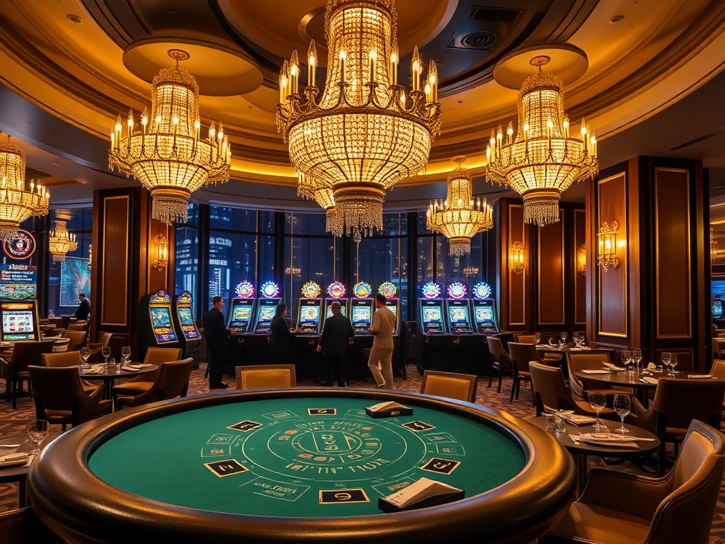 A glamorous Australian casino hotel scene, “golden chandeliers,” “VIP lounge silhouettes,” “blackjack table,” “modern slot lights,” “gourmet dining plating,” “cocktails,” “nightlife glow,” “five-star comfort”