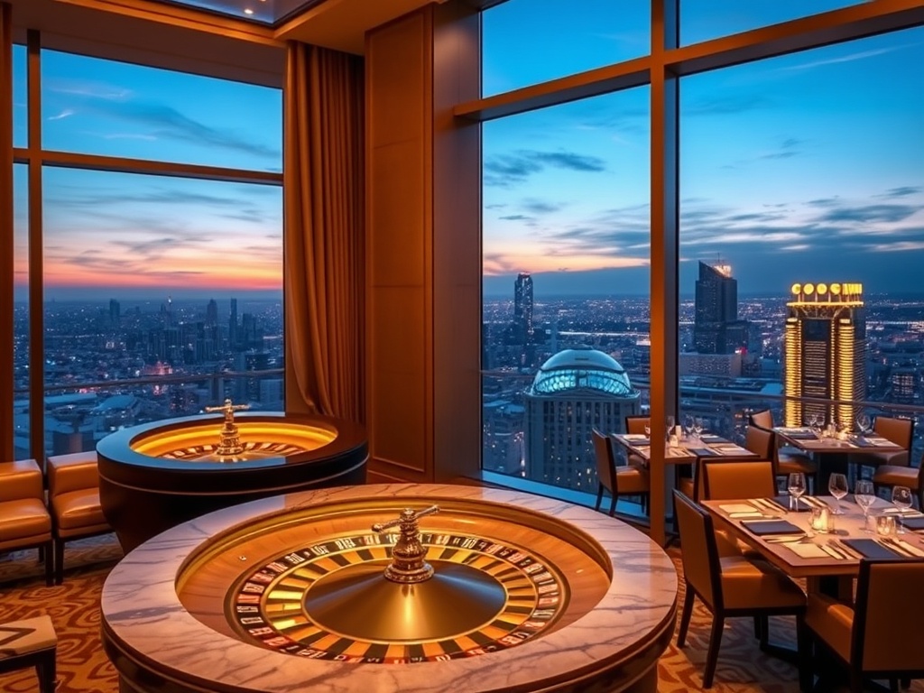 “luxury casino hotel interior and panoramic skyline at dusk” “golden roulette table glow” “elegant suite window” “fine dining on marble” “rooftop nightlife lights”