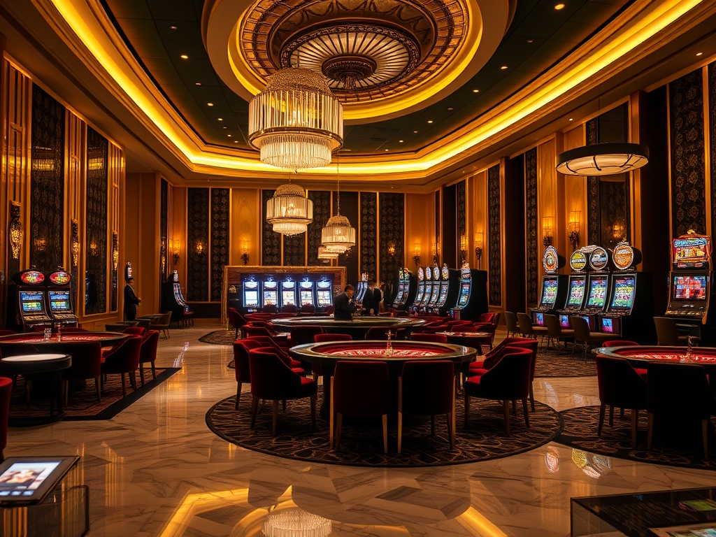 "Luxurious casino hotel lobby at night, warm gold lighting, elegant marble floors, velvet VIP lounge seating, shimmering roulette table glow, premium slots silhouettes, upscale ambience, adults-only vibe" "high detail, cinematic lighting, ultra realistic"