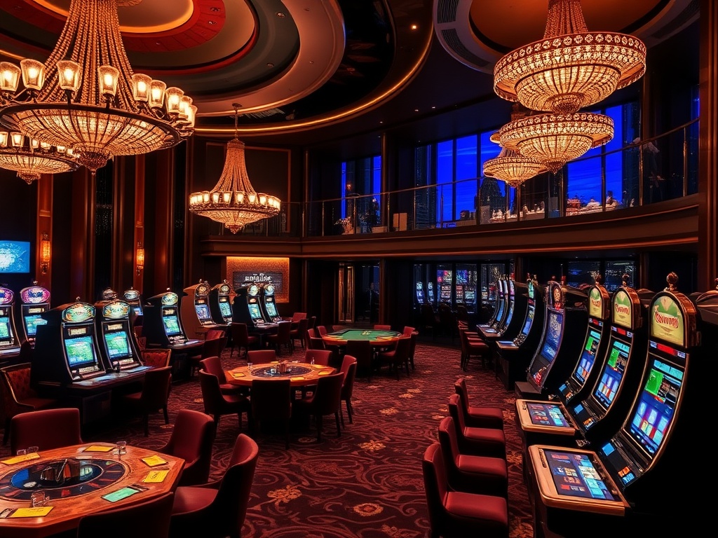 "Luxury casino lounge at night in Australia with warm chandeliers, velvet chairs, gleaming gaming tables, modern slot machines, VIP balcony, five-star hotel suite glow, glamorous atmosphere, dramatic lighting" "A dynamic sense of excitement, upscale servi