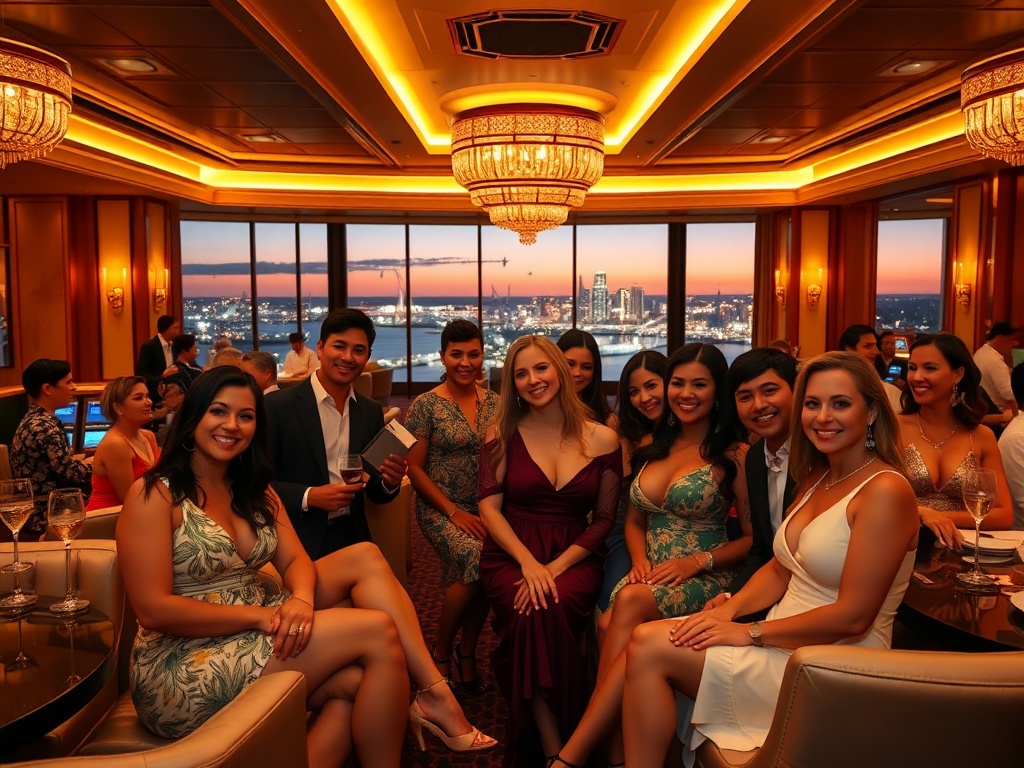 "A glamorous Australian luxury casino hotel lounge at night, smiling diverse guests in elegant attire, soft gold lighting, plush seating, panoramic ocean-city views."