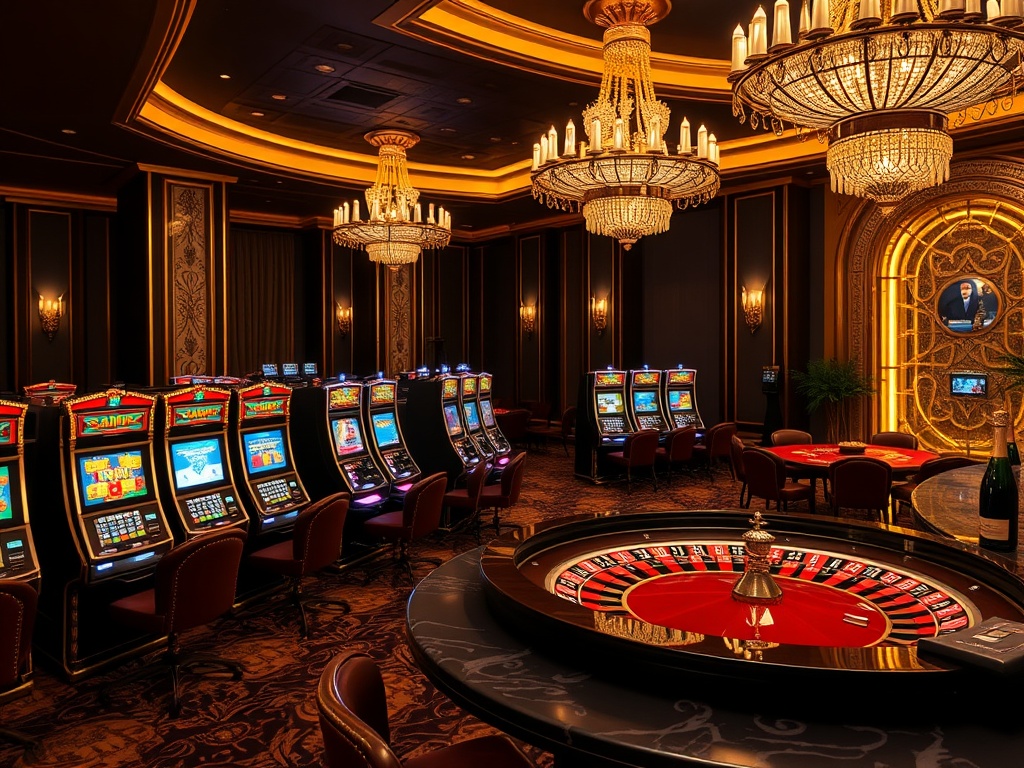 "Elegant adult-only casino hotel scene at night, golden chandeliers, velvet lounges, sleek slot machines, high-stakes roulette table, champagne on marble bar, luxurious suite window glow"