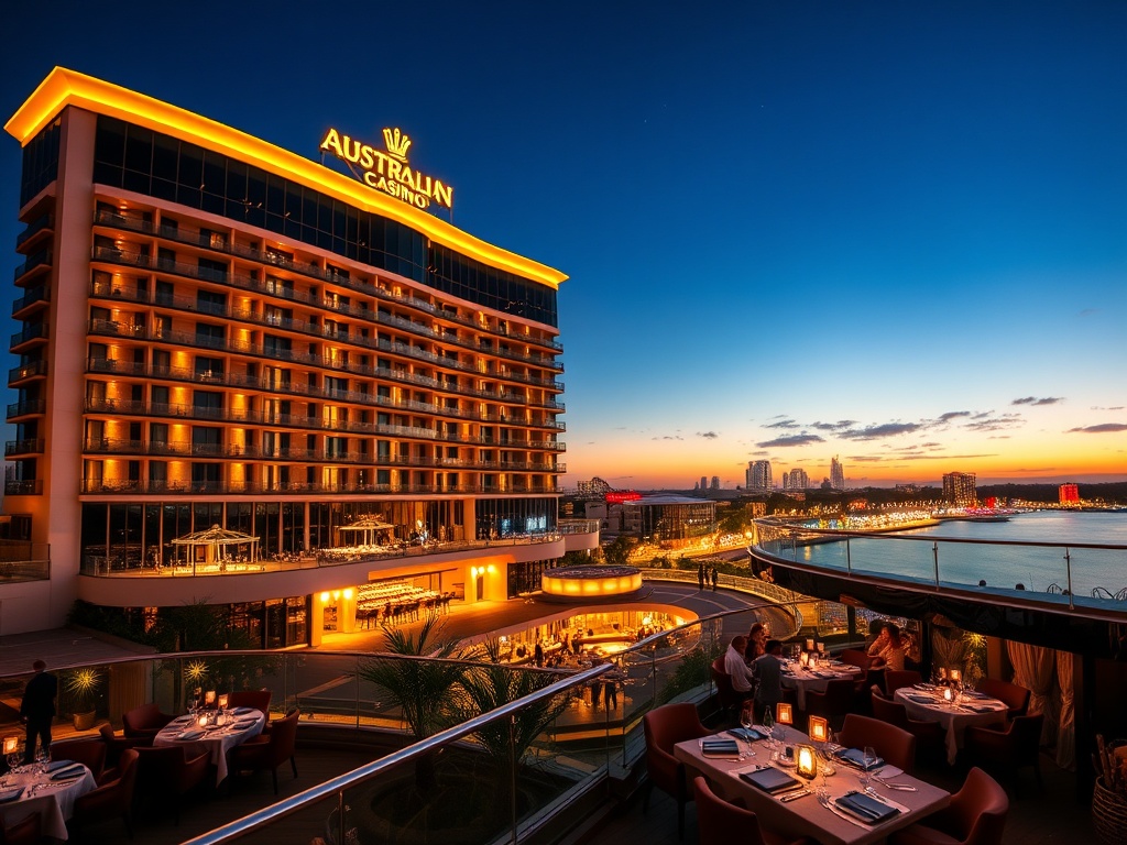 "luxury Australian casino hotel at night, glowing skyline, elegant VIP suites balcony with ocean light, refined dining table, stylish nightlife crowd, warm concierge service."