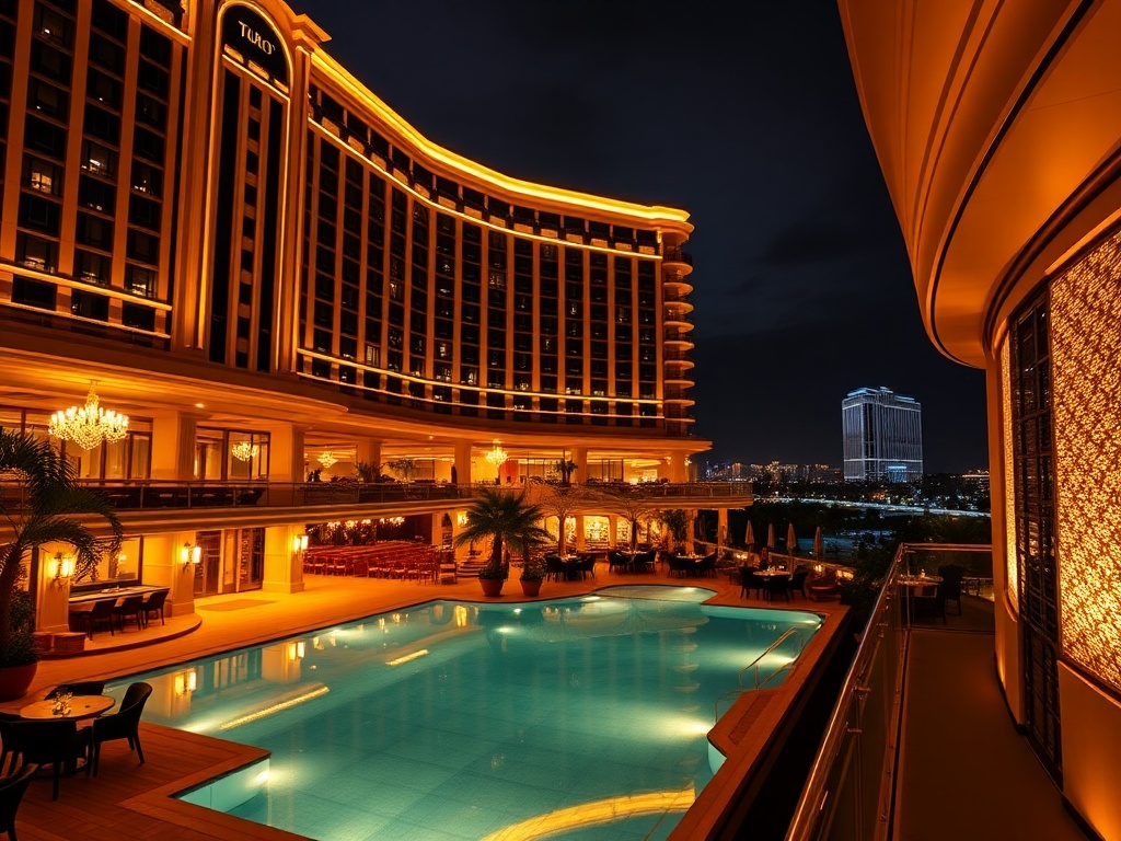 "luxury casino hotel exterior at night" "golden neon glow" "elegant bar lounge silhouettes" "pool with city lights" "five-star suite balcony view" "luxurious ambiance"