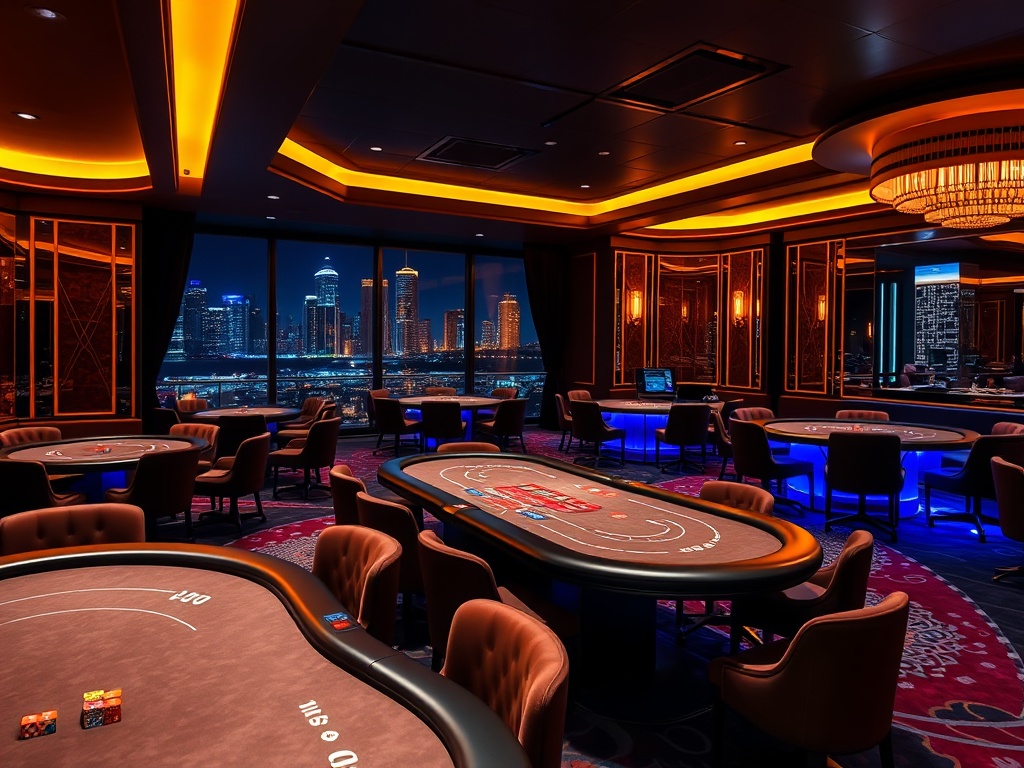 "glowing luxury casino lounge at night" "sleek high-stakes poker tables" "VIP velvet seating" "subtle friendly concierge gesture" "Australian skyline window glow"