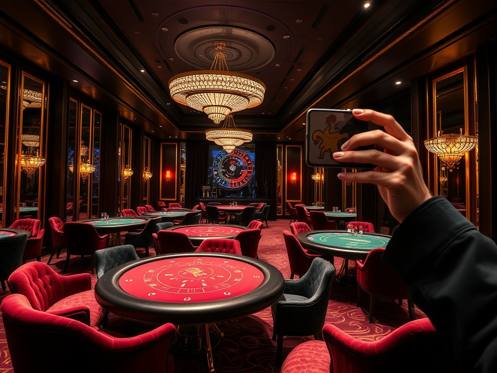 "Luxurious adult-only casino hotel interior at night, velvet seating, elegant lighting, high-stakes poker tables, subtle golden reflections, smartphone selfie pose ambiance, VIP lounge mood"