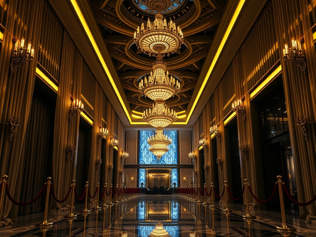 A glamorous nighttime casino-hotel lobby, “golden chandeliers”, “silk curtains”, “velvet ropes”, “VIP lounge glow”, “elegant suites hallway”, “discreet security vibe”, cinematic lighting, ultra-detailed, realistic, luxurious, adult
