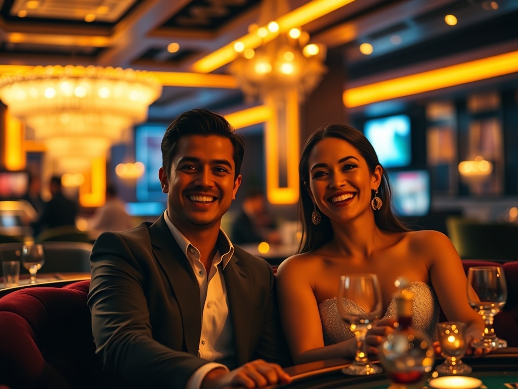 "luxury casino-hotel lounge at night, warm golden light, elegant adults smiling, subtle VIP atmosphere, velvet seating, serene ambiance, tasteful decor, cinematic depth of field" "high-stakes gaming glow in background, premium mood, discreet luxury detail