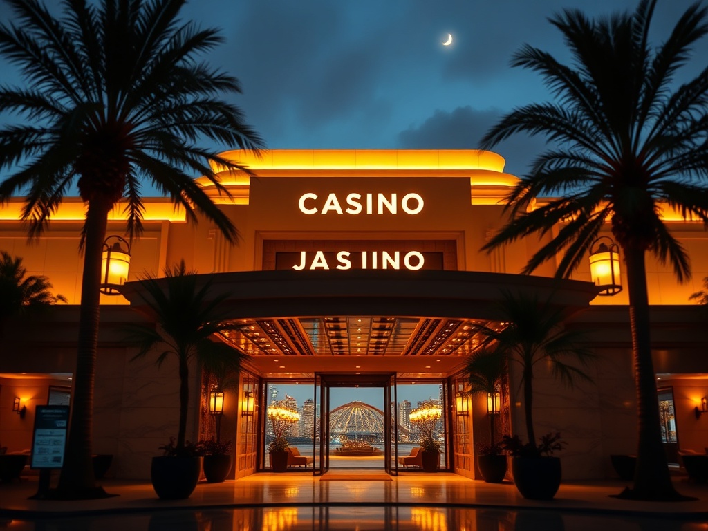 A luxurious Australian casino hotel entrance at night, warm golden lighting, elegant palm silhouettes, sleek marble facade, distant skyline glow, cinematic depth of field.