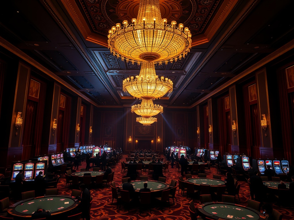 "luxury casino hotel event hall at night, golden chandeliers, velvet VIP lounge seating, elegant crowd silhouettes, poker tables glow, subtle slot lights, cinematic depth" "You MUST not include ANY brand images or logos. You may ONLY reply with the format