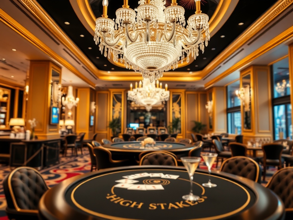 A luxury casino hotel interior blending gold, black velvet, and crystal chandeliers, "high-stakes table" blurred cards, elegant VIP lounge seating, gourmet bar with sparkling cocktails.