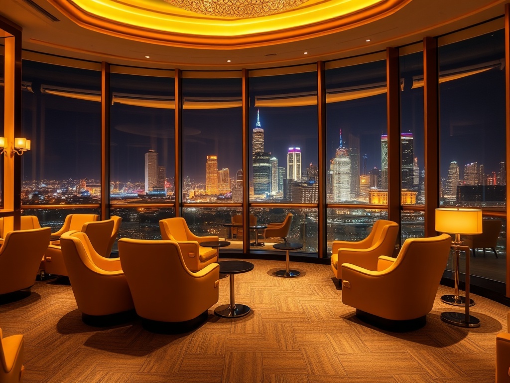"opulent luxury casino hotel interior in Australia at night, warm golden lighting, elegant VIP lounge chairs, glamorous skyline view through glass, subtle skyline lights, tasteful reflections" .