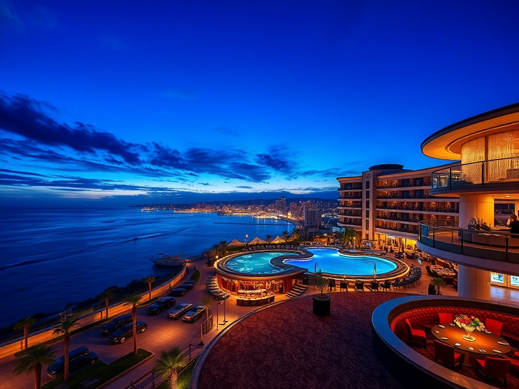 A glamorous Australian luxury resort at dusk with panoramic ocean skyline, elegant casino interior glow, velvet lounge, VIP suite ambiance, warm concierge lighting.