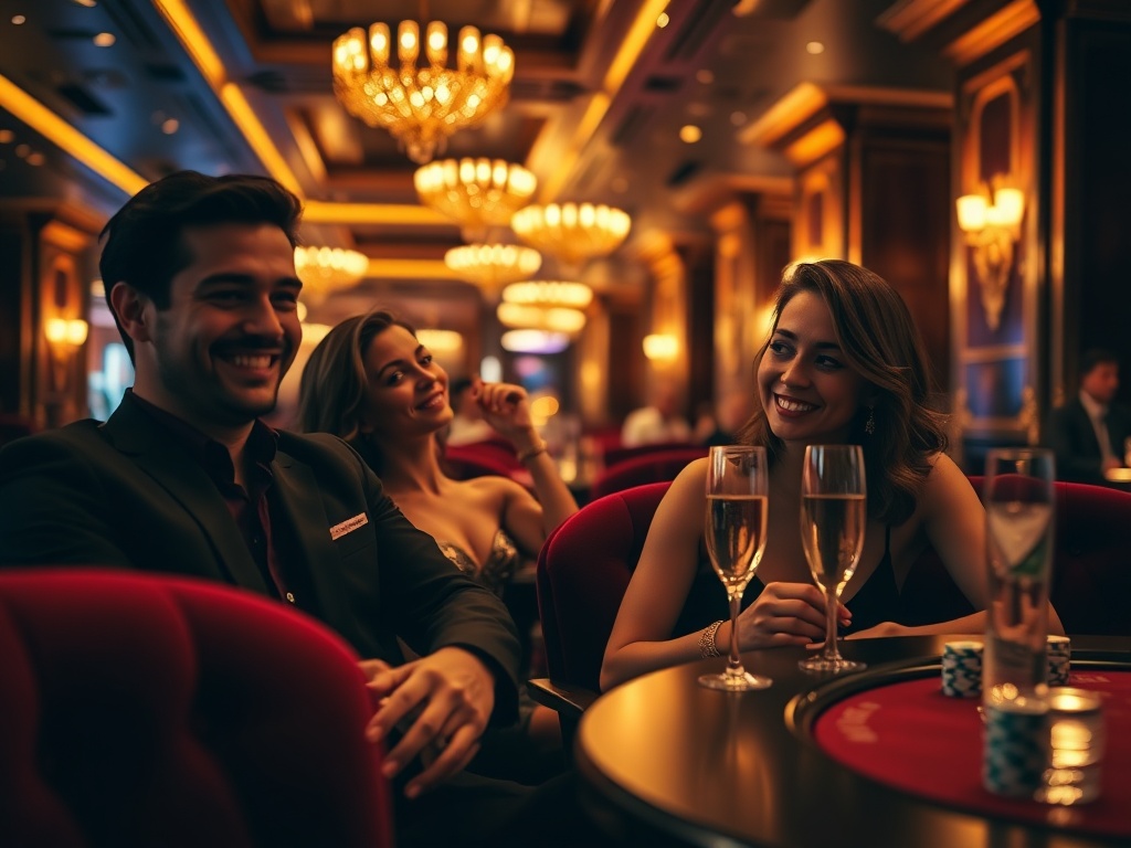 A glamorous casino hotel lounge at night, velvet seats, warm gold lighting, elegant adults smiling, cinematic depth of field, subtle poker chips, champagne glow.