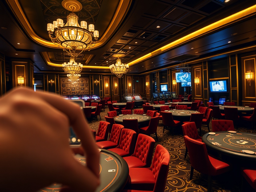 "Luxurious adult-only casino hotel interior at night, velvet seating, elegant lighting, high-stakes poker tables, subtle golden reflections, smartphone selfie pose ambiance, VIP lounge mood"