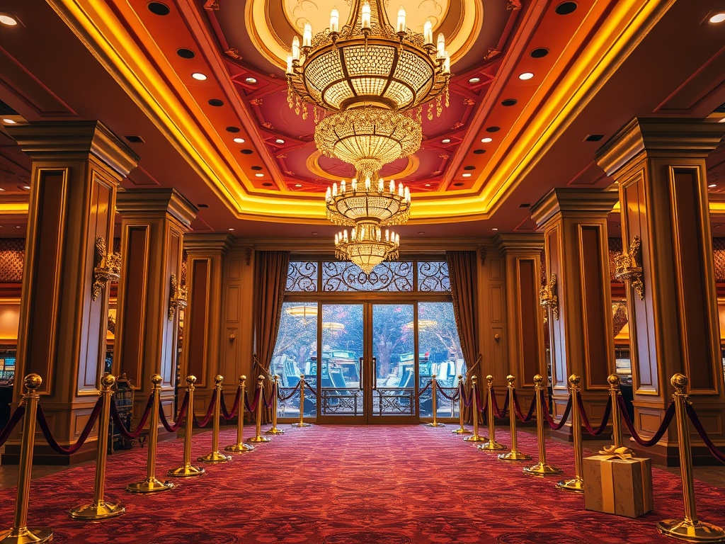 "opulent casino lobby" "golden chandeliers" "velvet ropes" "five-star hotel suite entrance" "sparkling champagne glasses" "subtle gift box glow"