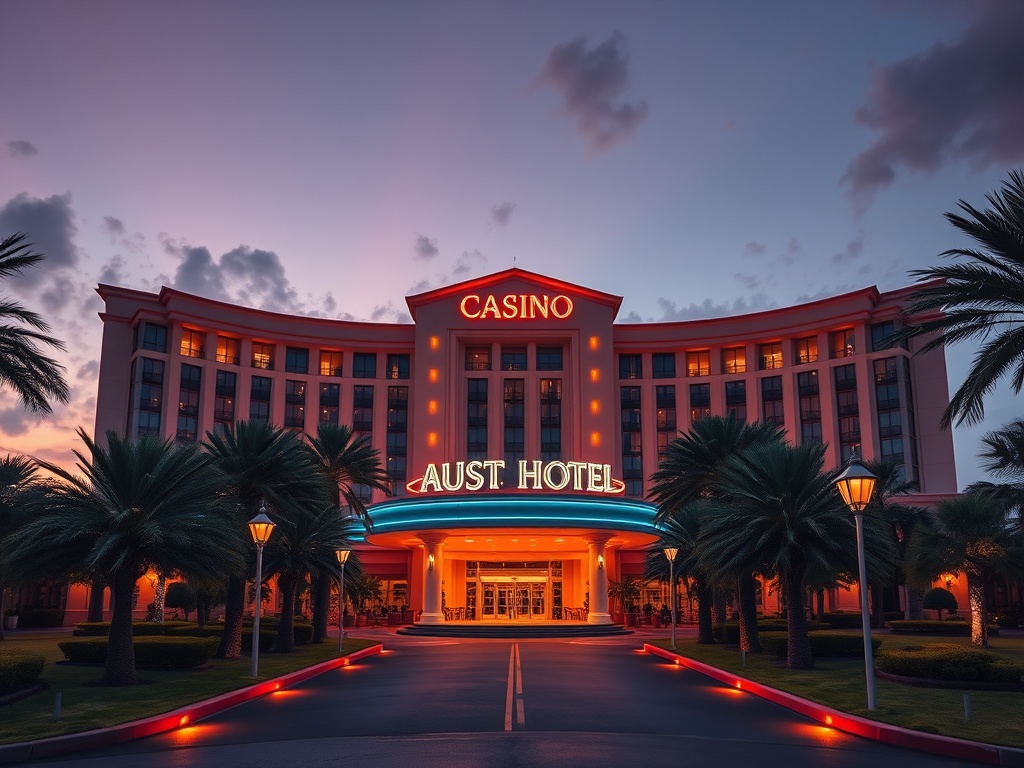 A luxurious Australian casino hotel exterior at dusk, neon glow, palm-lined driveway, elegant entrance, warm lights, panoramic skyline, opulent ambiance, no people