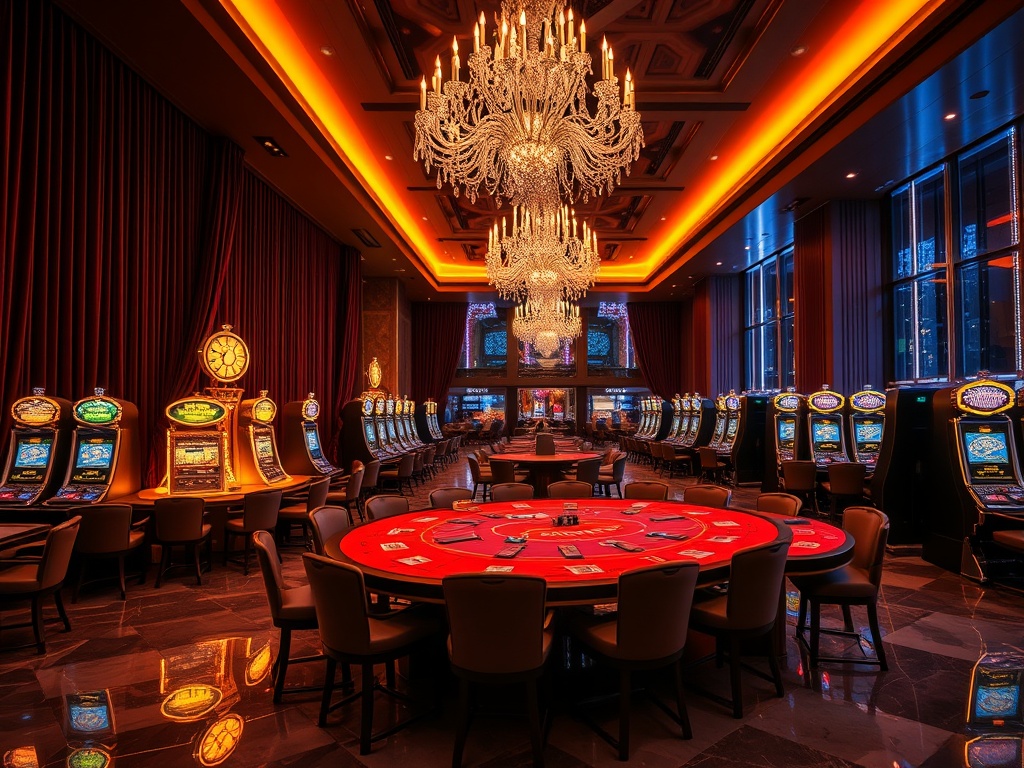 "Luxurious casino interior with glowing high-stakes card tables and slot machines, velvet curtains, crystal chandeliers, elegant VIP lounge, warm nightlife ambiance, polished marble floors, cinematic lighting"