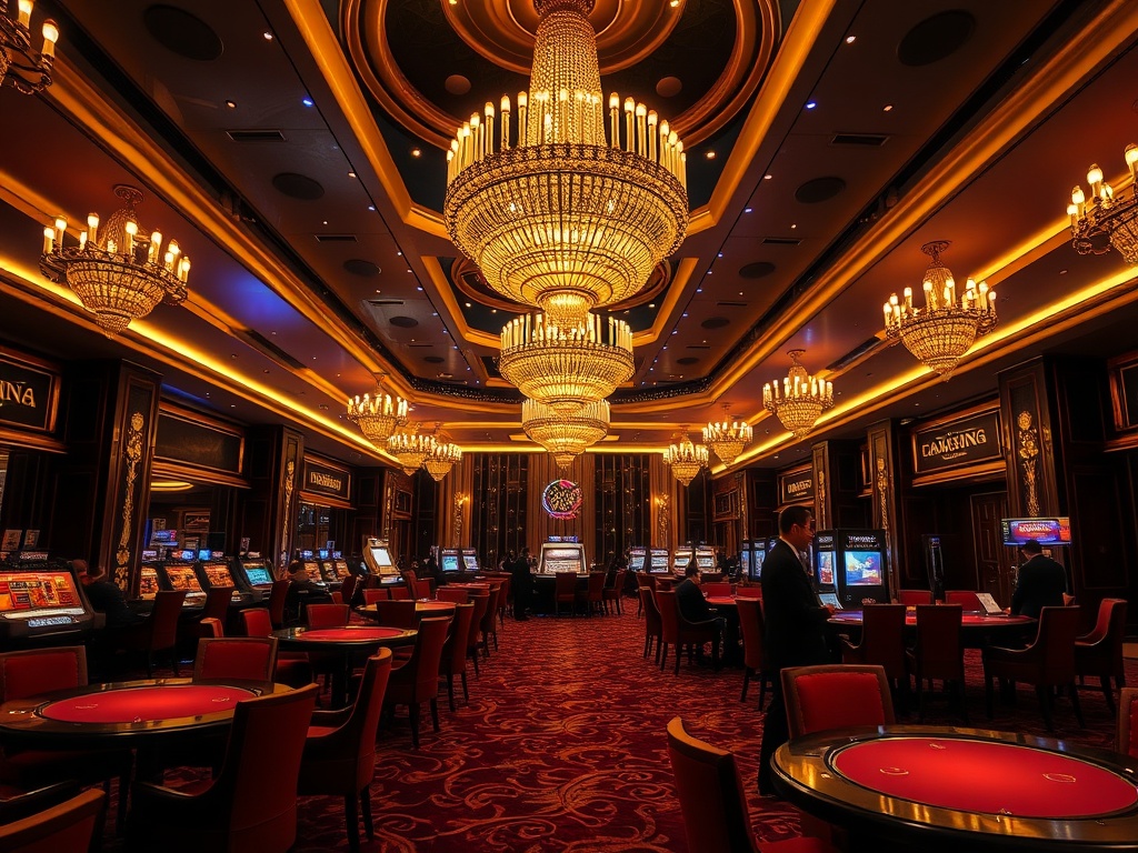 “Five-star casino-hotel lobby at night, golden chandeliers, velvet lounge seats, discreet VIP service staff silhouettes, glowing high-stakes tables, elegant atmosphere.”