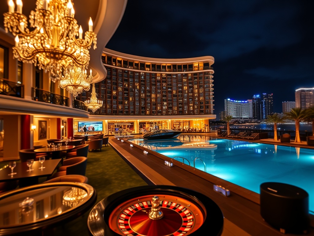 A glamorous Australian luxury casino hotel at night, glowing chandeliers, elegant VIP lounge seating, blurred roulette glow, sleek skyline reflections, dramatic pool, premium mood.