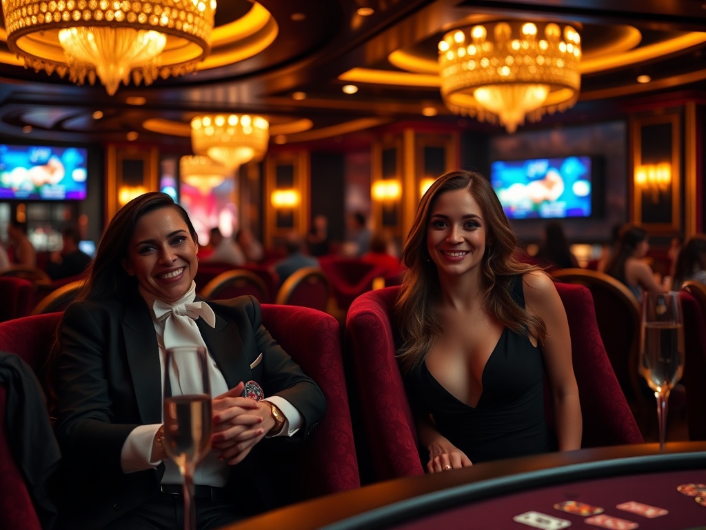 A glamorous casino hotel lounge at night, velvet seats, warm gold lighting, elegant adults smiling, cinematic depth of field, subtle poker chips, champagne glow.