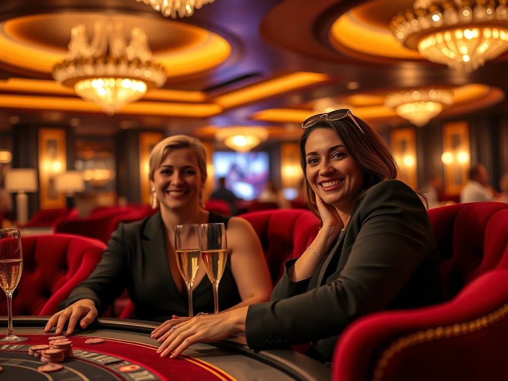A glamorous casino hotel lounge at night, velvet seats, warm gold lighting, elegant adults smiling, cinematic depth of field, subtle poker chips, champagne glow.