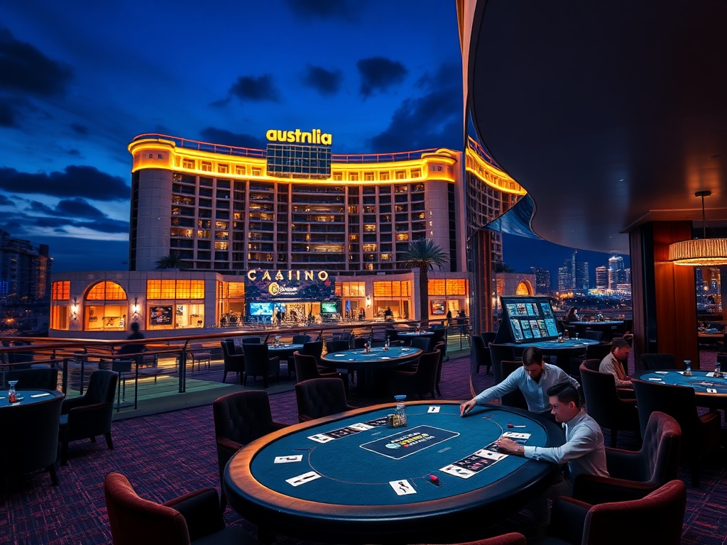 "luxury Australian casino hotel scene at night, illuminated facade, elegant VIP lounge interior with velvet seating, professional dealers at high-stakes table, distant skyline lights, fine dining setting, cinematic lighting" "high realism, ultra-detailed,