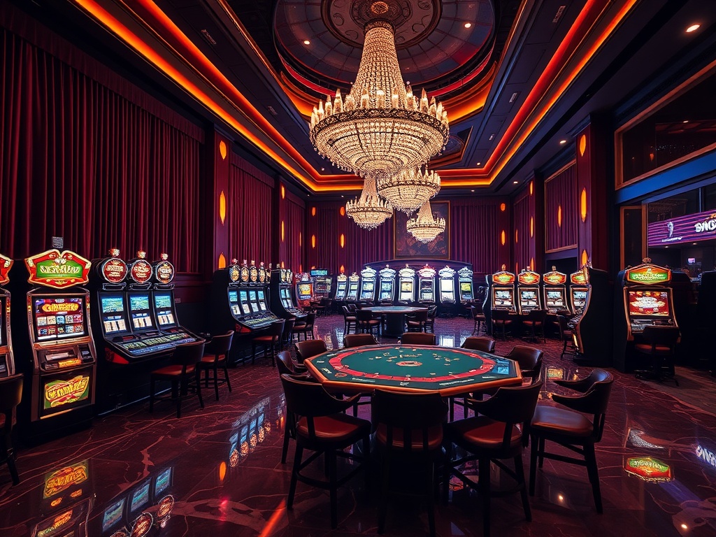 "Luxurious casino interior with glowing high-stakes card tables and slot machines, velvet curtains, crystal chandeliers, elegant VIP lounge, warm nightlife ambiance, polished marble floors, cinematic lighting"