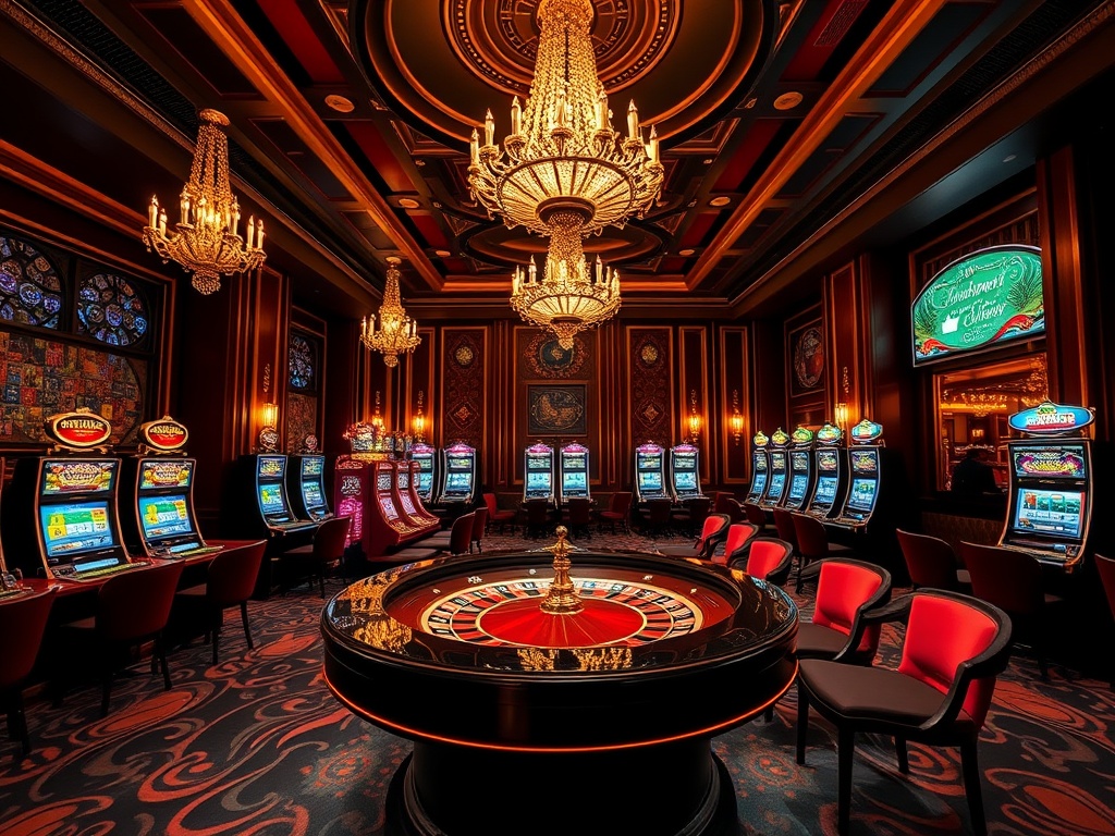 A lavish casino hotel interior, golden chandeliers, gleaming roulette table, modern slot machines, velvet VIP lounge seating, soft amber lighting, adult-exclusive vibe.