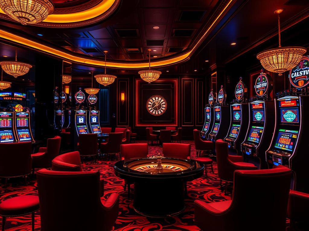 'luxury casino-hotel lounge, night glow, velvet seating, VIP atmosphere, roulette wheel reflections, elegant slot machines'