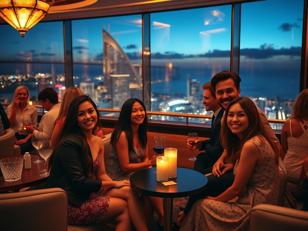 "A glamorous Australian luxury casino hotel lounge at night, smiling diverse guests in elegant attire, soft gold lighting, plush seating, panoramic ocean-city views."