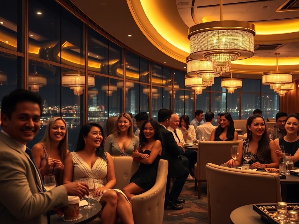 "A glamorous Australian luxury casino hotel lounge at night, smiling diverse guests in elegant attire, soft gold lighting, plush seating, panoramic ocean-city views."