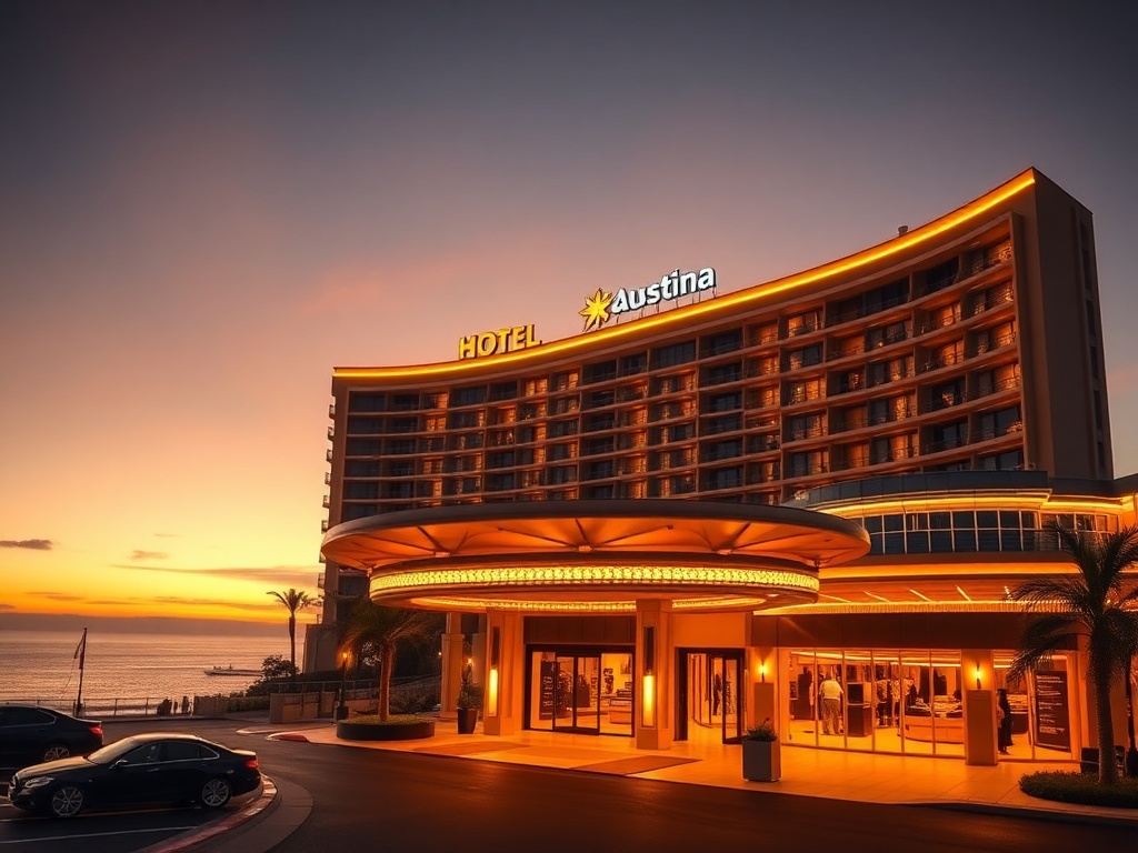 “A glamorous Australian luxury casino hotel exterior at dusk” “golden skyline and ocean haze” “valet lights” “elegant entrance” “warm interior glow” “subtle VIP atmosphere”