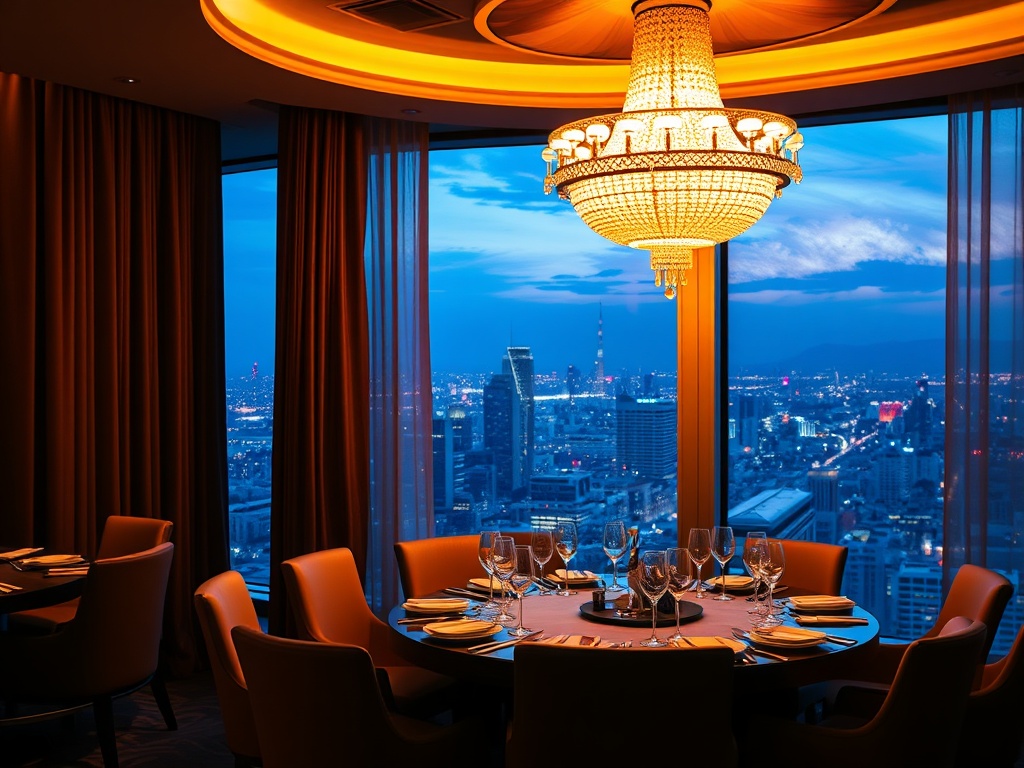 "luxury casino hotel lounge at night, warm chandelier light, panoramic skyline view, VIP privacy curtains, elegant dining plating, rooftop glow, upscale silhouettes"