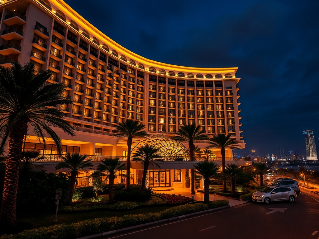 “nighttime luxury casino hotel exterior in Australia, glowing panoramic windows, elegant palm-lined entrance, distant skyline lights, high-stakes ambiance, refined atmosphere”