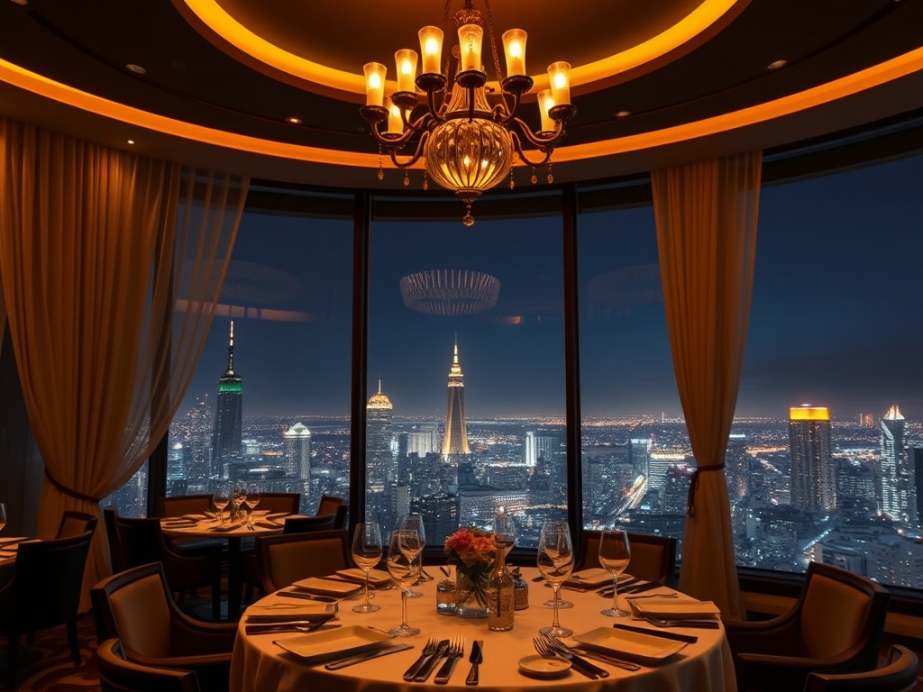 "luxury casino hotel lounge at night, warm chandelier light, panoramic skyline view, VIP privacy curtains, elegant dining plating, rooftop glow, upscale silhouettes"