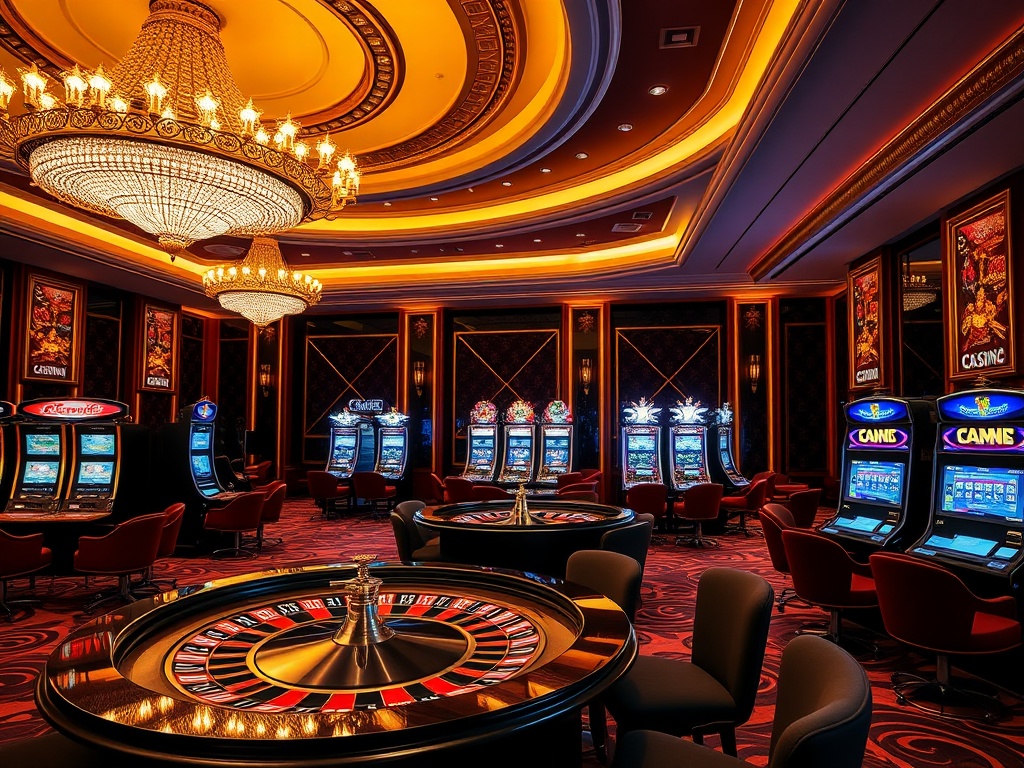 A lavish casino hotel interior, golden chandeliers, gleaming roulette table, modern slot machines, velvet VIP lounge seating, soft amber lighting, adult-exclusive vibe.