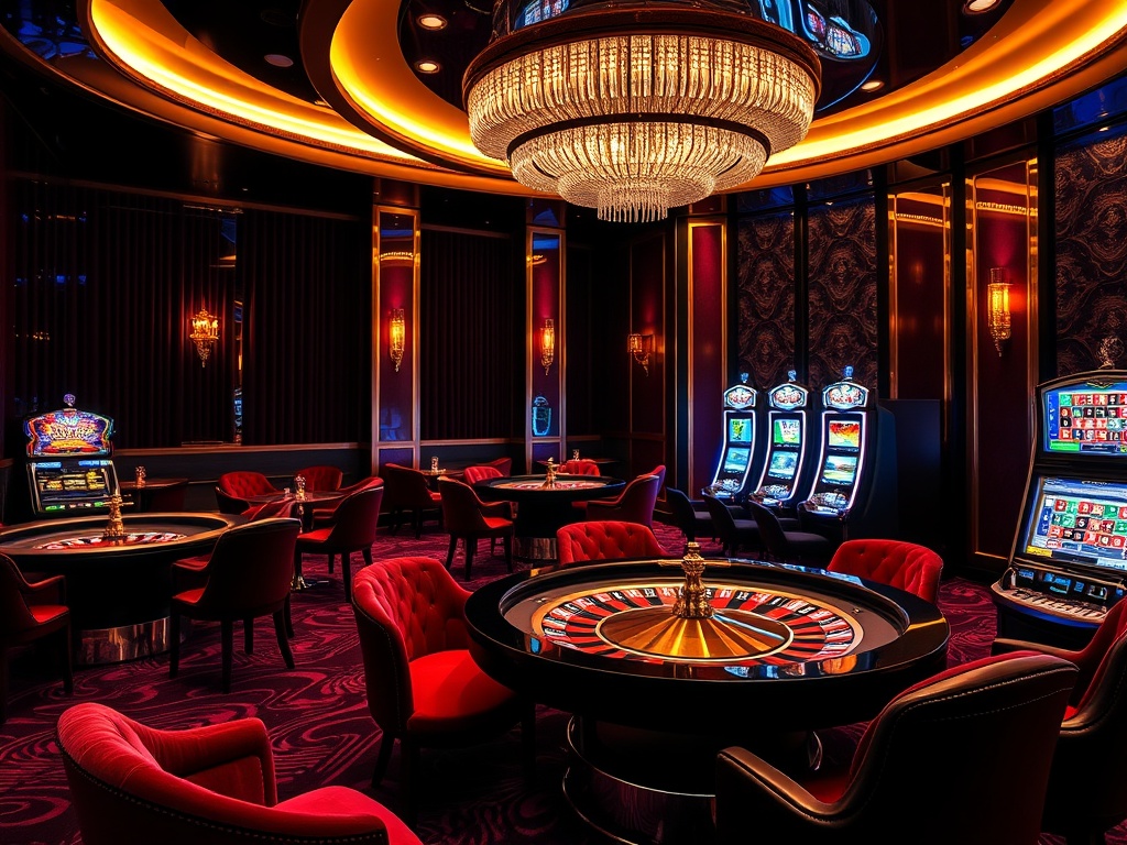 'luxury casino-hotel lounge, night glow, velvet seating, VIP atmosphere, roulette wheel reflections, elegant slot machines'