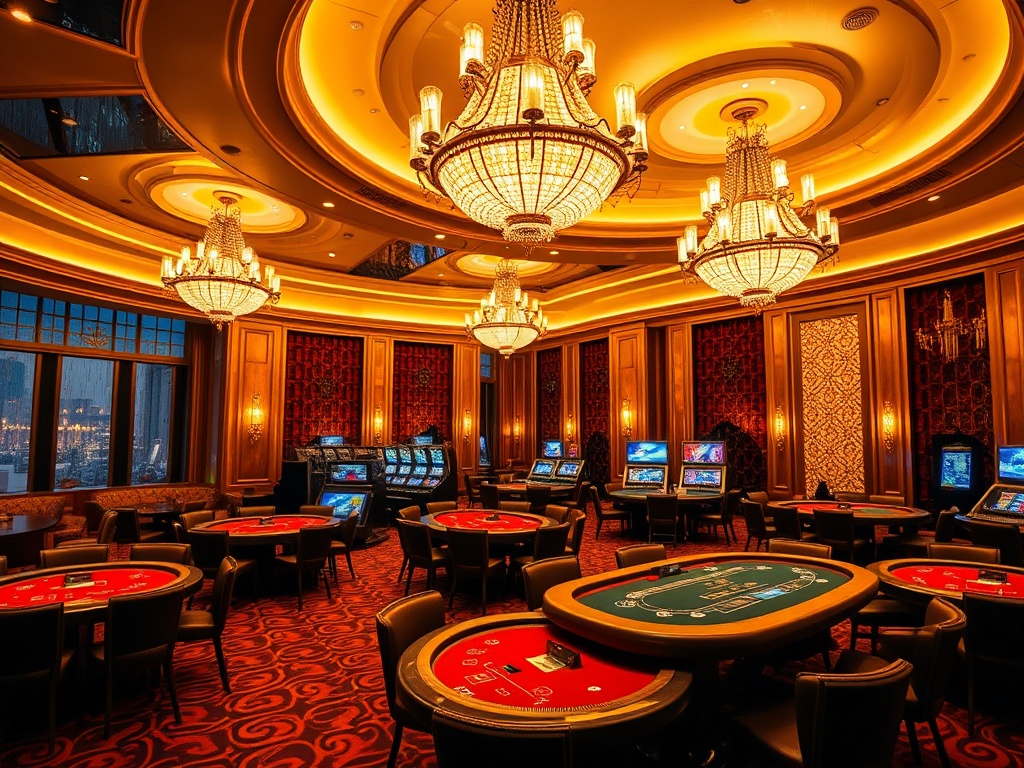 A grand luxury casino hotel interior, glowing chandeliers, elegant high-stakes poker tables, sleek VIP lounge, plush suites visible, golden ambience, night rain through windows.