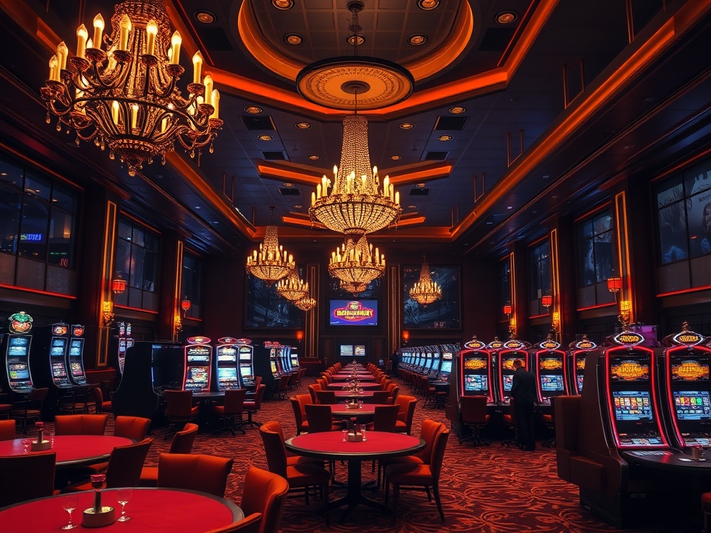 “opulent Australian luxury casino hall at night” with warm chandeliers, velvet tables, gleaming slot lights, and elegant VIP lounge silhouettes.
