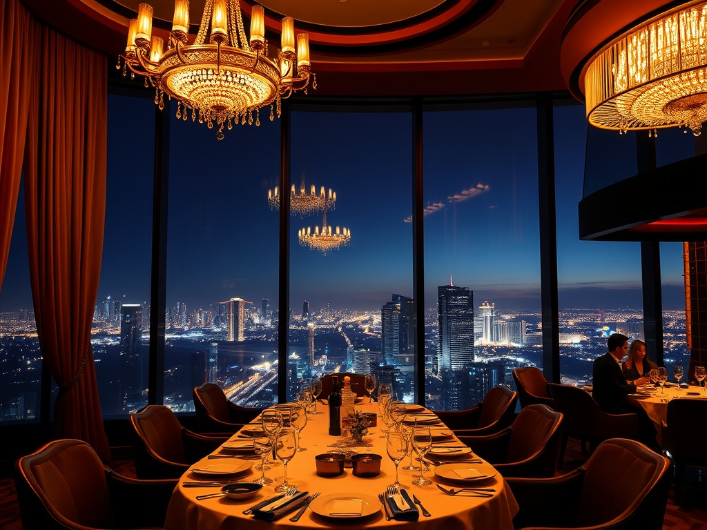 "luxury casino hotel lounge at night, warm chandelier light, panoramic skyline view, VIP privacy curtains, elegant dining plating, rooftop glow, upscale silhouettes"