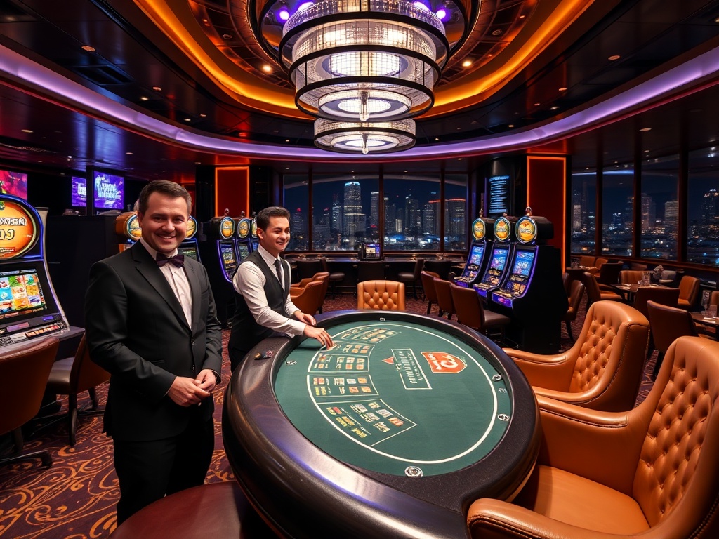 A glamorous Australian casino-luxury lounge at night, elegant lighting, smiling staff near card table and slot machines, plush VIP seating, luxury skyline reflections.