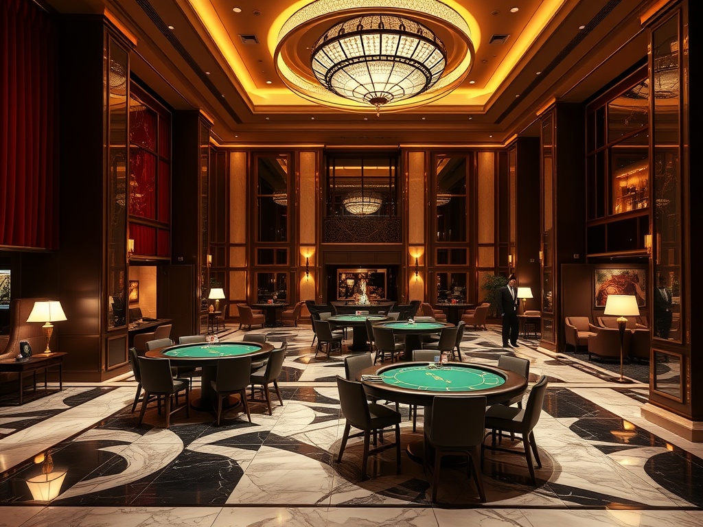 A luxury casino hotel lobby at night, velvet lighting, gleaming marble, suited attendants, private VIP lounge booths, elegant poker tables, hotel suites beyond, warm secure ambience, cinematic realism