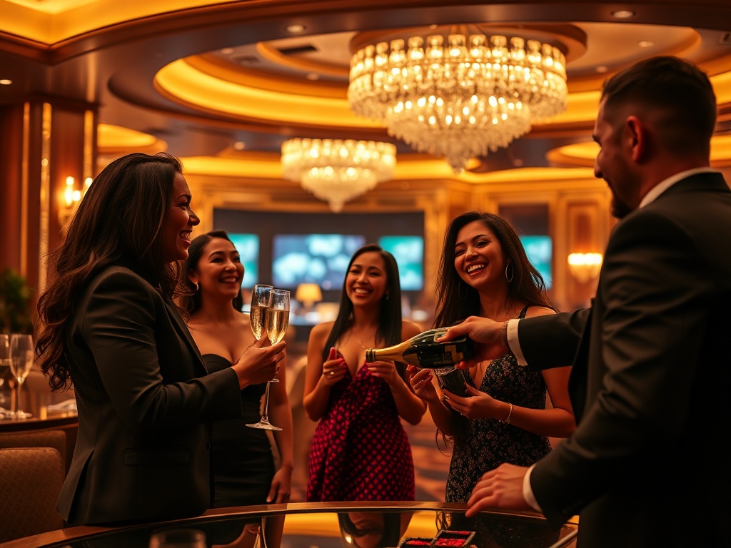 "A glamorous luxury casino lounge at night, soft gold lighting, elegant VIP suite view, three diverse guests laughing, waiter serving champagne, cinematic depth of field."