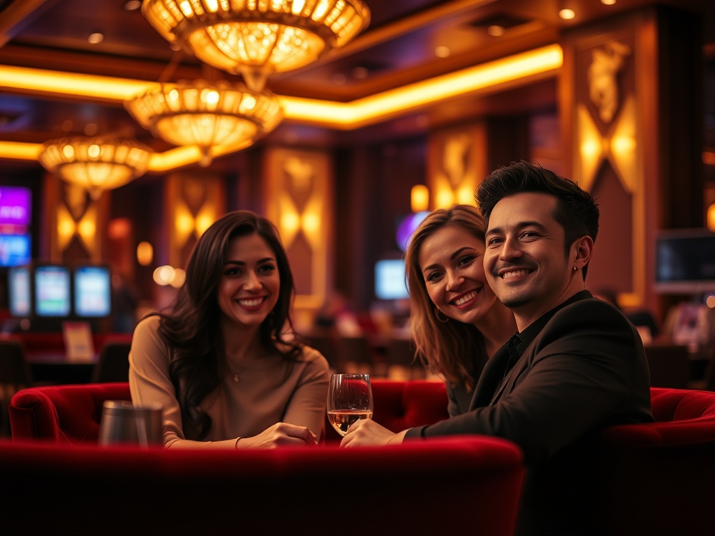 "luxury casino-hotel lounge at night, warm golden light, elegant adults smiling, subtle VIP atmosphere, velvet seating, serene ambiance, tasteful decor, cinematic depth of field" "high-stakes gaming glow in background, premium mood, discreet luxury detail