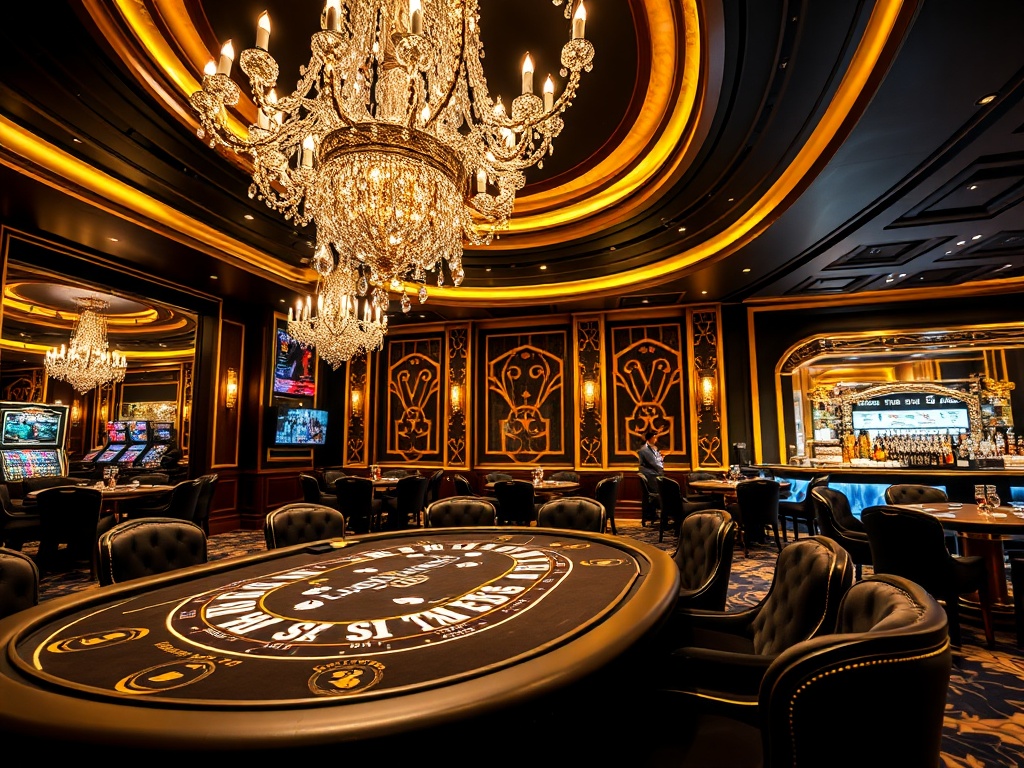 A luxury casino hotel interior blending gold, black velvet, and crystal chandeliers, "high-stakes table" blurred cards, elegant VIP lounge seating, gourmet bar with sparkling cocktails.